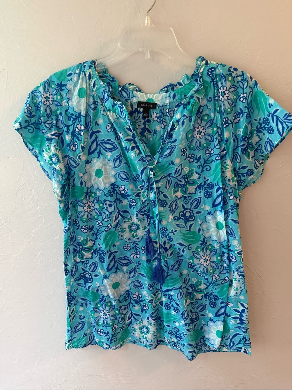 Talbots Blue Green Floral Tassel Tie Top Women’s Large 100% Cotton Beachy Boho